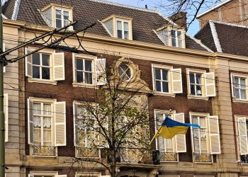 Украинското знаме на много сгради в Хага